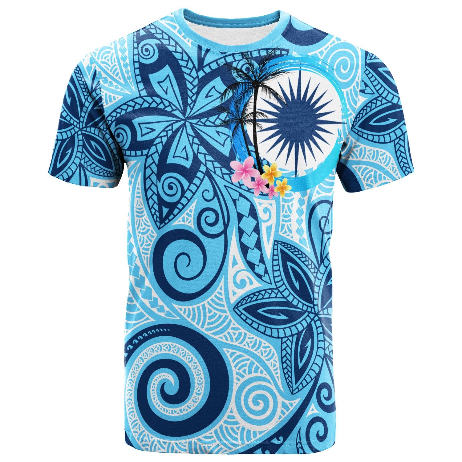 Marshall IslandsT Shirt Tribal Plumeria Pattern Unisex Blue - Polynesian Pride