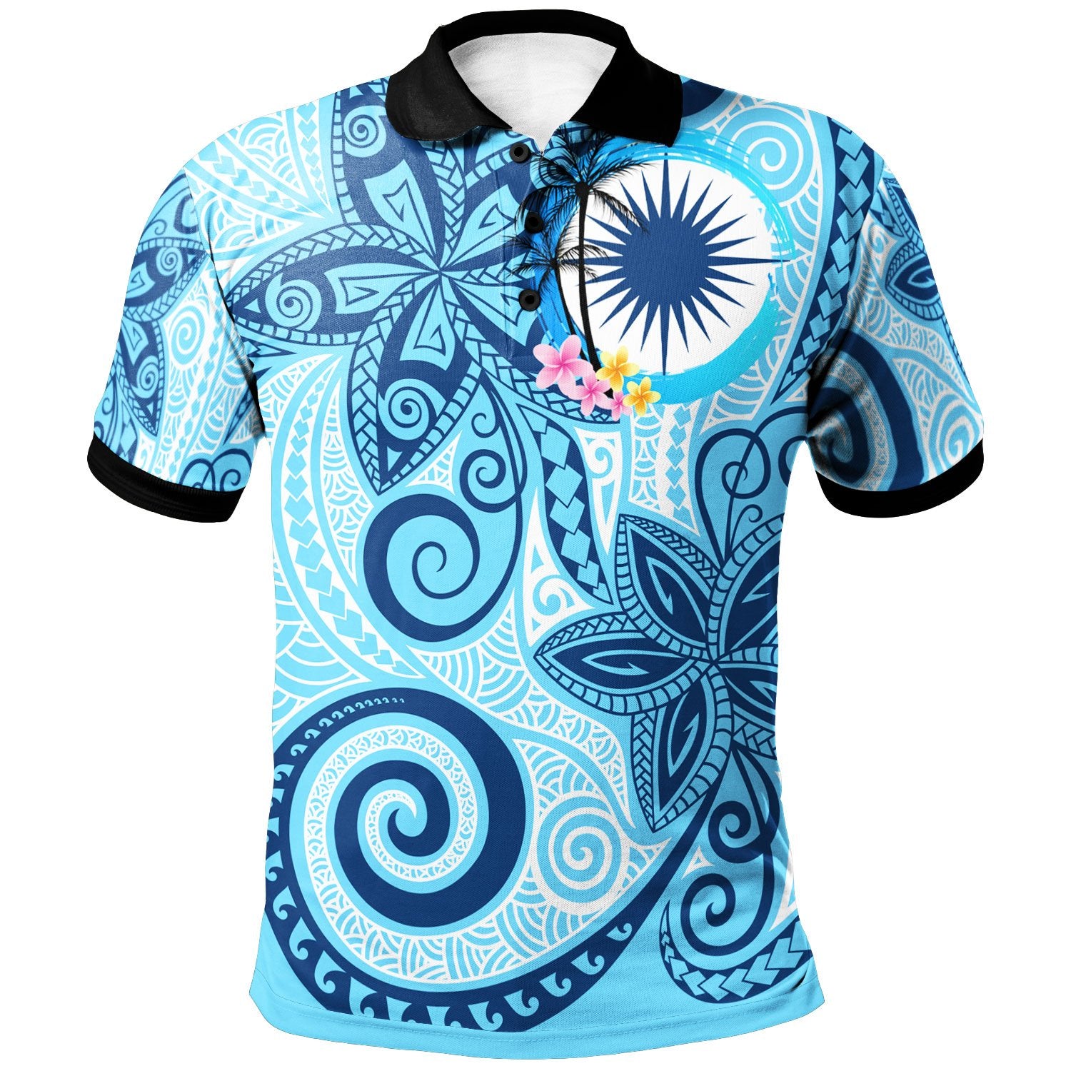 Marshall Islands Polo Tribal Plumeria Pattern Unisex Blue - Polynesian Pride