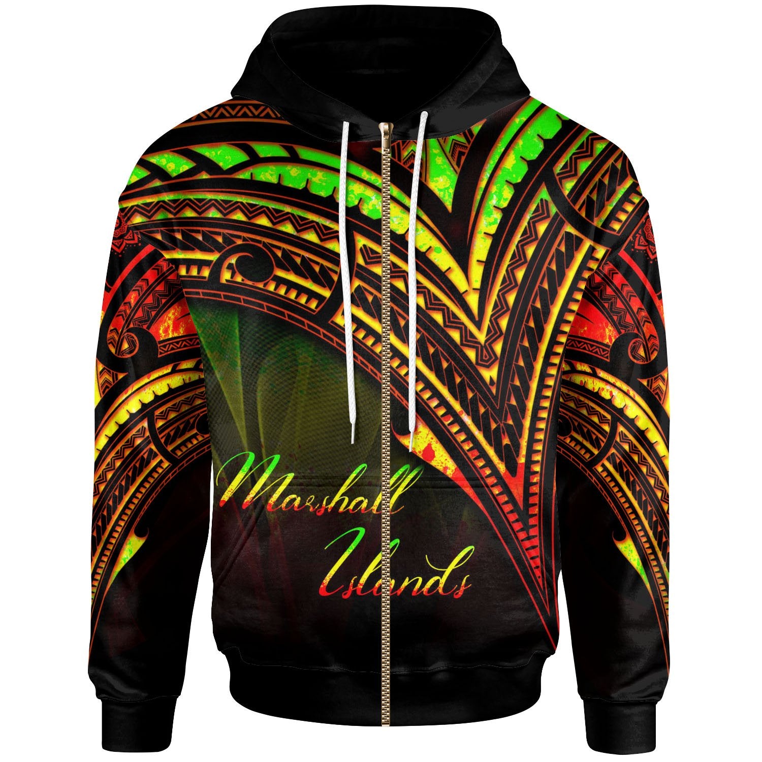 Marshall Islands Zip Hoodie Reggae Color Cross Style Unisex Black - Polynesian Pride