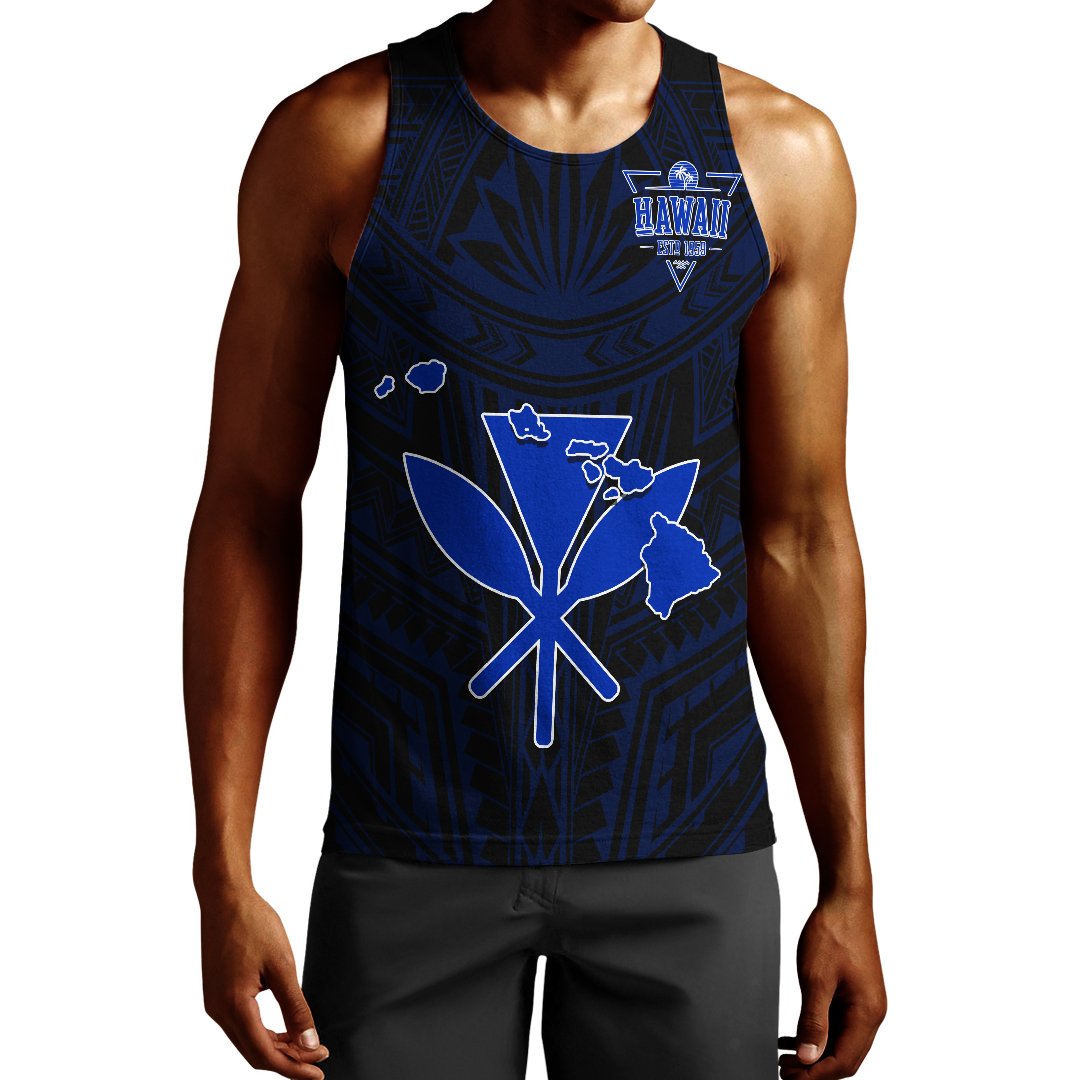 Kanaka Map Polynesian Men's Tank Top - Blue Heart - AH Black - Polynesian Pride