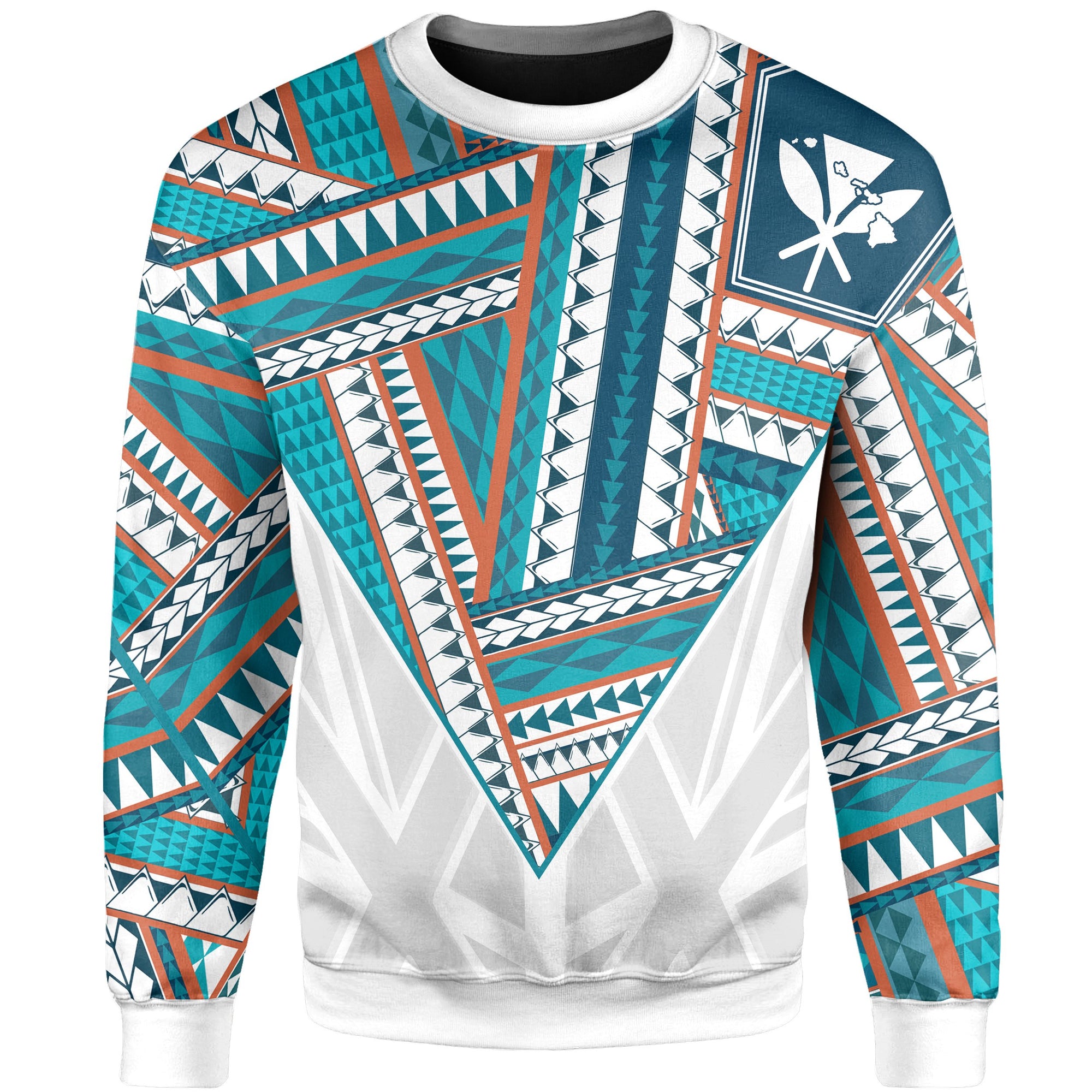 Hawaii Sweatshirt - Football Jersey Style - White And Cyan - AH Unisex White - Polynesian Pride