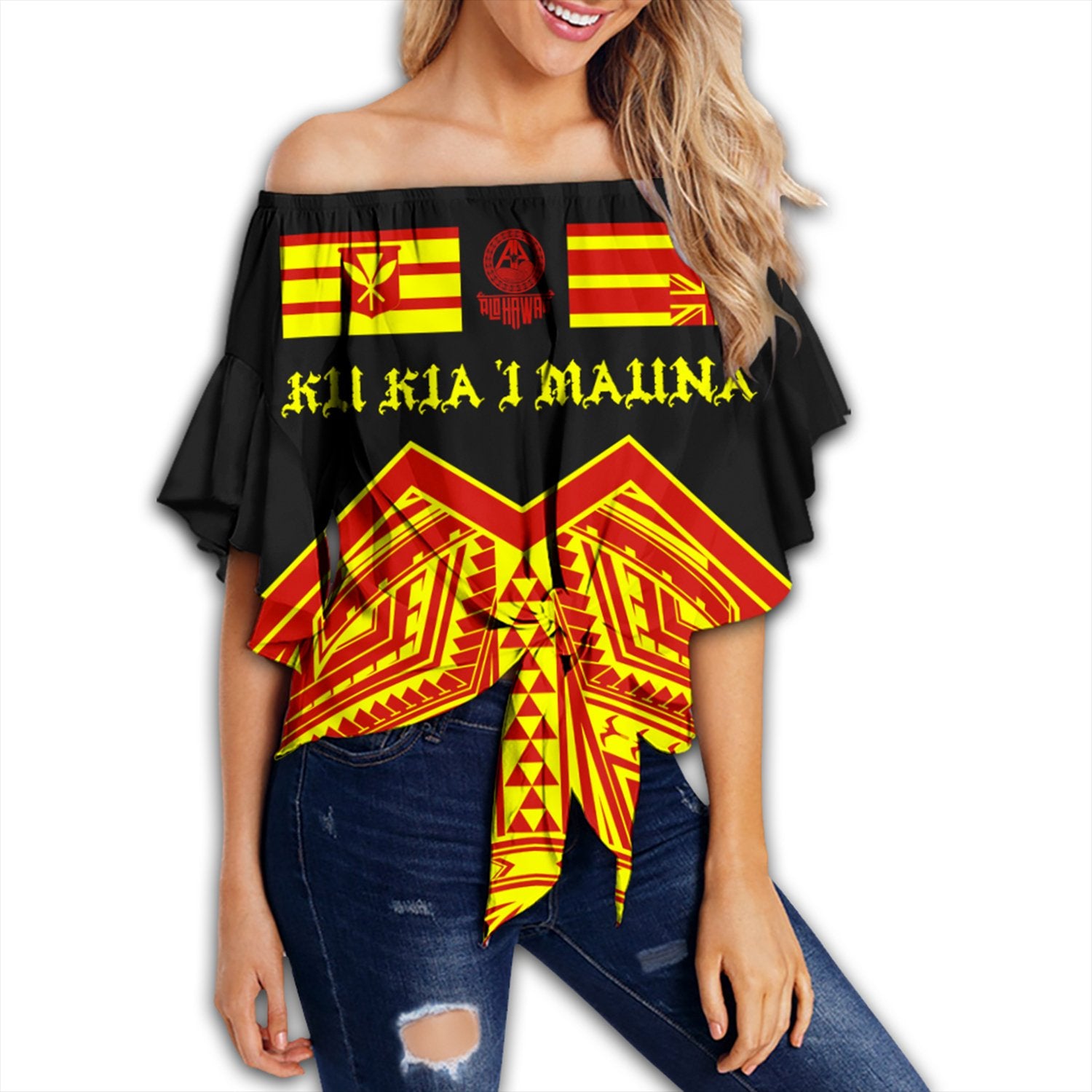 (Personalised) Hawaii - We Stand With Mauna Kea Off Shoulder Waist Wrap Top AH Female Black - Polynesian Pride