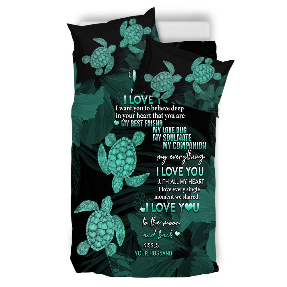 Hawaii Turtle Bedding Set Hibiscus To My Wife Turquoise AH - Polynesian Pride
