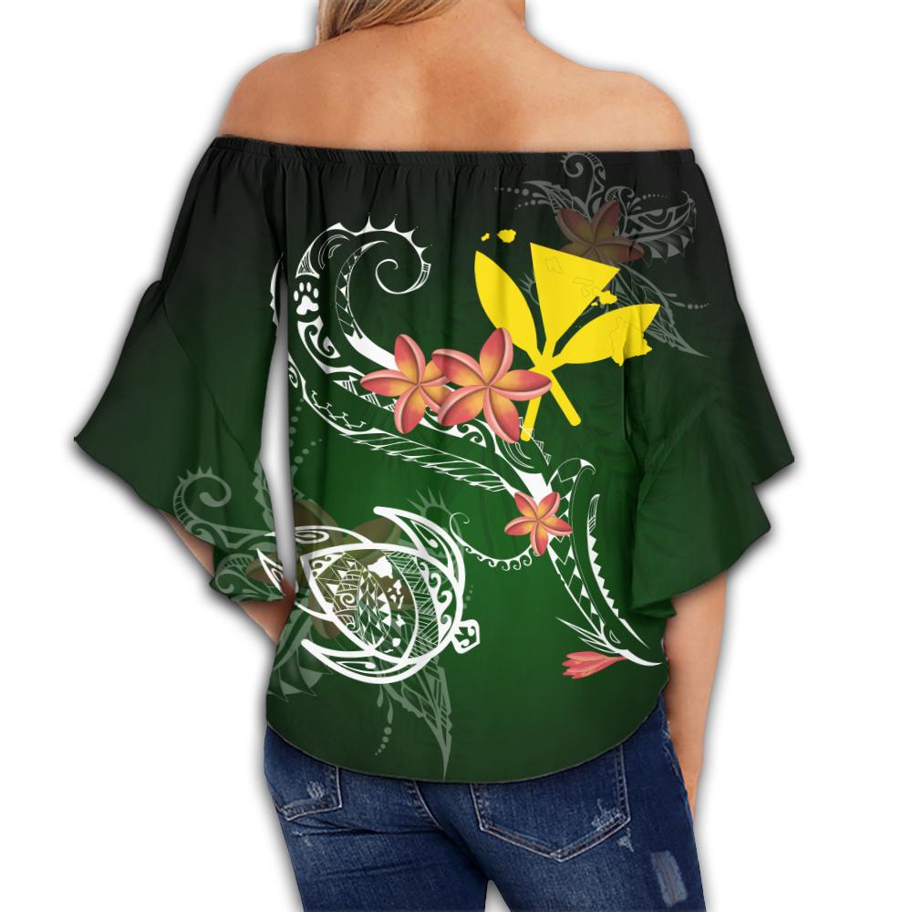 Hawaii Turtle Plumeria Polynesian Women's Off Shoulder Wrap Waist Top - Luck Style - AH - Polynesian Pride
