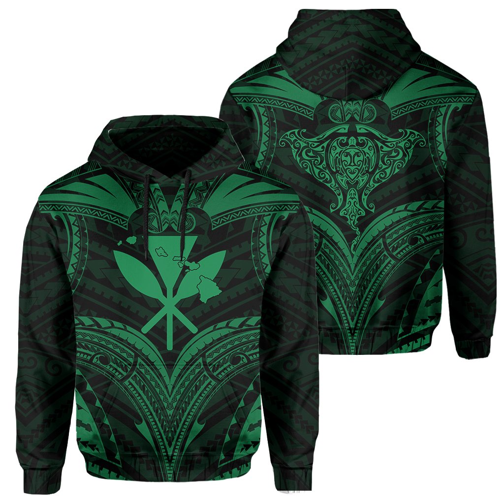 Polynesian Kanaka Shark Turtle Manta Ray Map of Hawaii Hoodie Green Unisex Green - Polynesian Pride