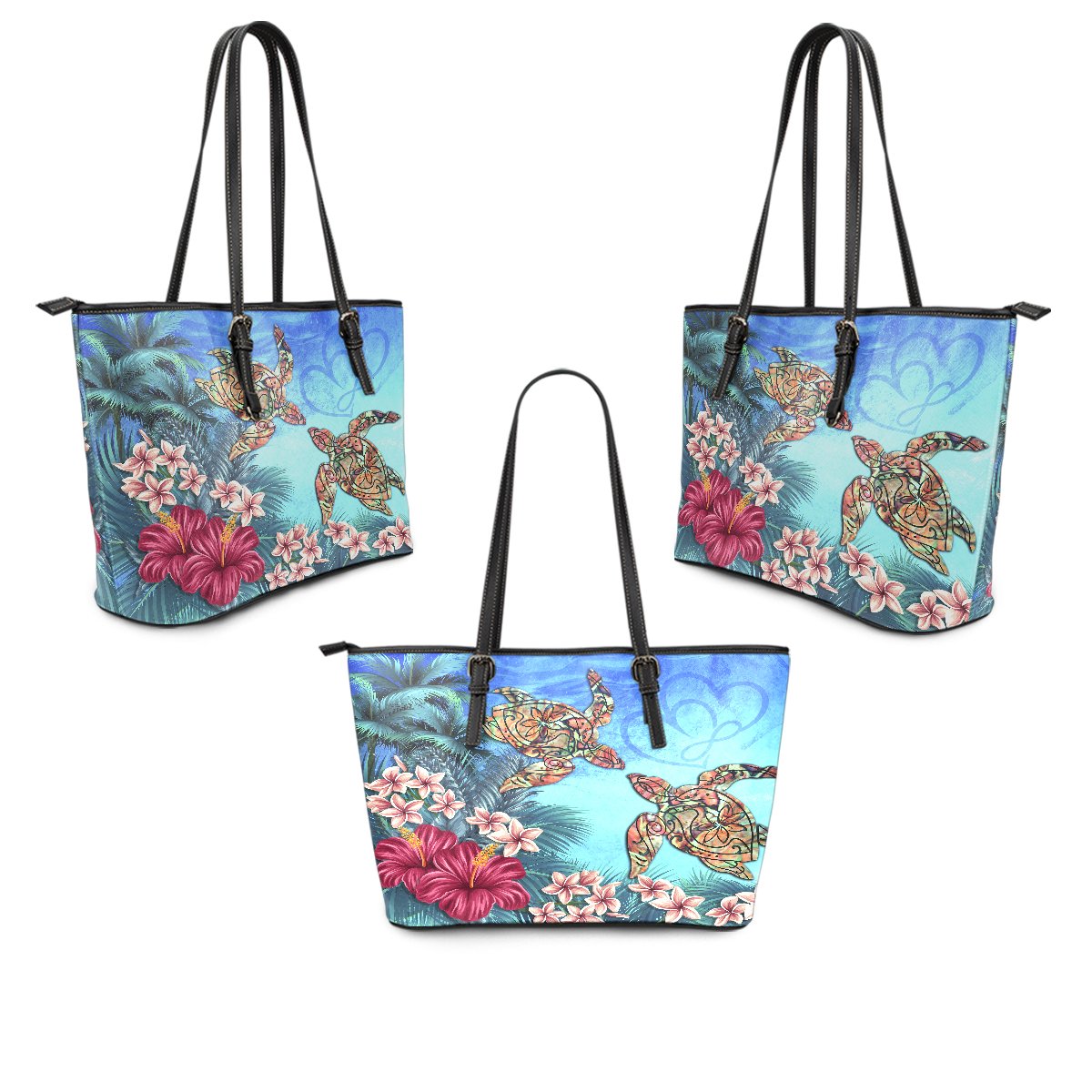 Hawaii Turtle Hibiscus Sea Leather Tote Bag - Ocean Of Love - AH - Polynesian Pride