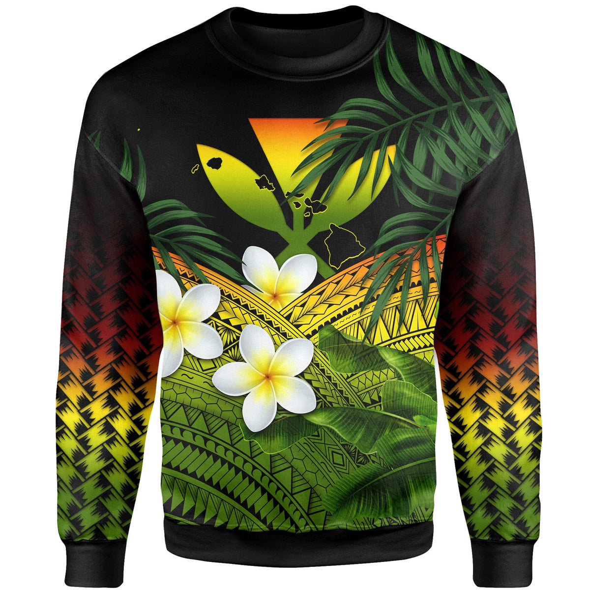 Kanaka Maoli (Hawaiian) Sweatshirt, Polynesian Plumeria Banana Leaves Reggae Unisex Black - Polynesian Pride
