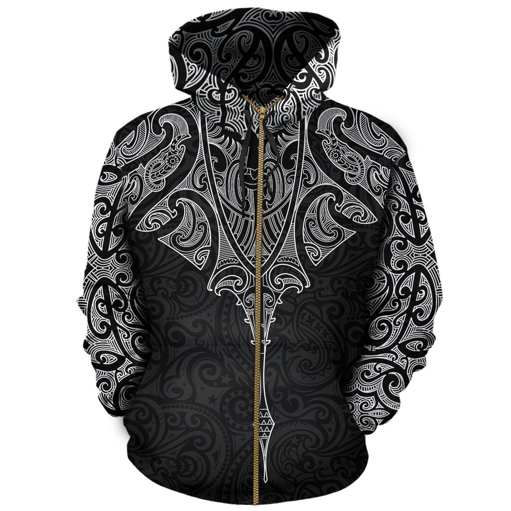 Aotearoa Zip up Hoodie Manta Maori Ta Moko Unisex Black - Polynesian Pride