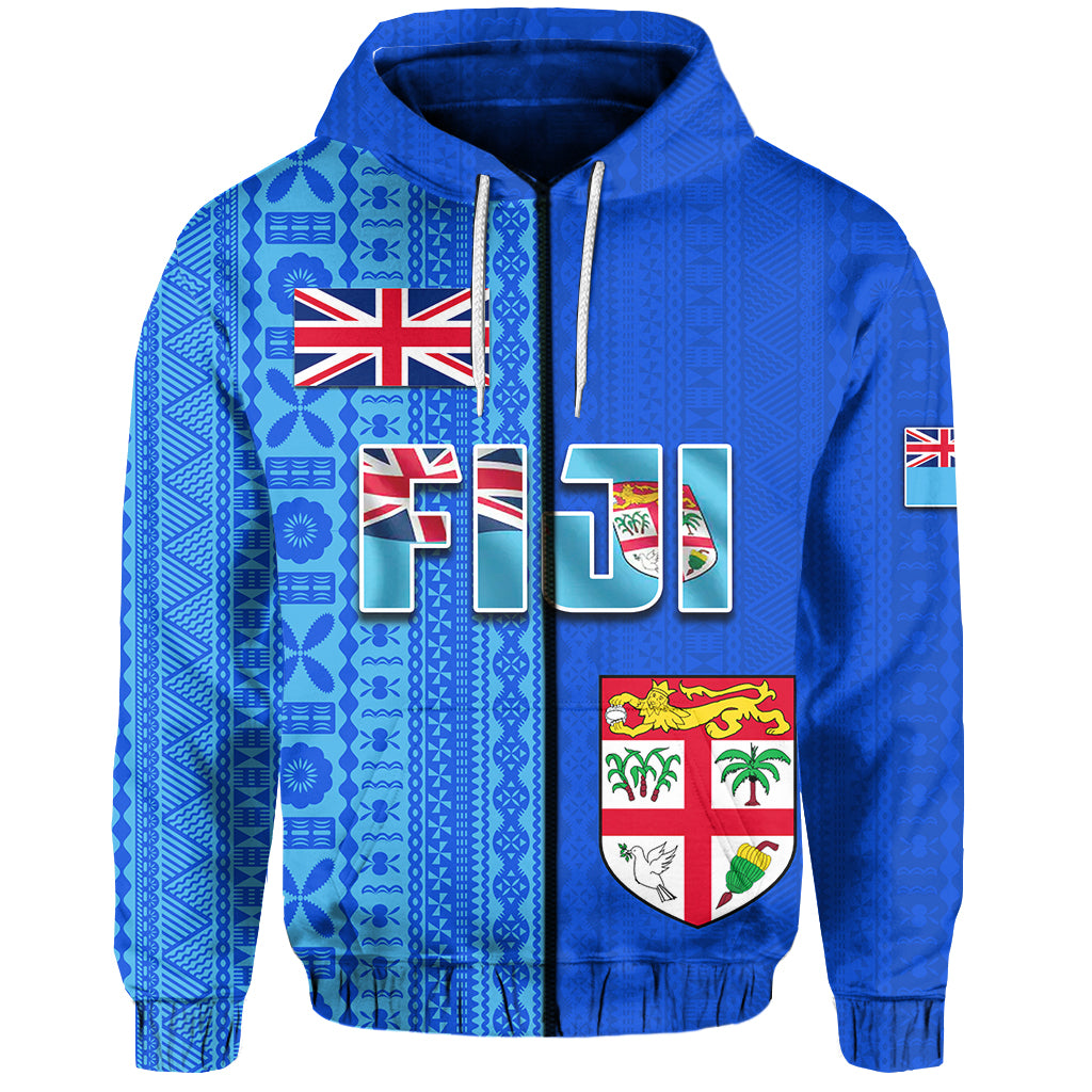 Fiji Constitution Day Half Tapa Patterns Zip Hoodie LT6 Unisex Blue - Polynesian Pride