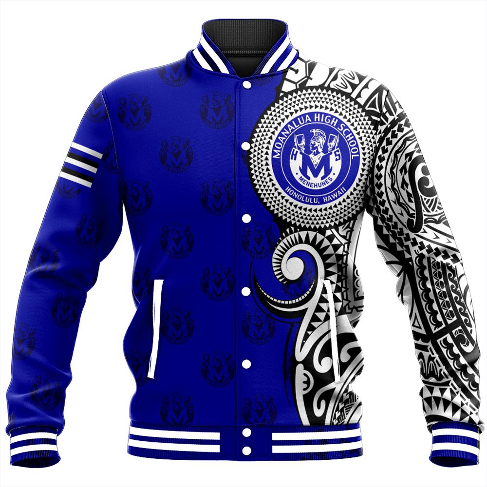 (Personalized) Hawaii Baseball Jacket - Moanalua High Tribal Kakau Baseball Jacket - AH Unisex Blue - Polynesian Pride