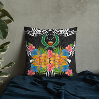 Pohnpei State Pillow - Coat Of Arms With Tropical Flowers 22×22 Black Pillow - Polynesian Pride