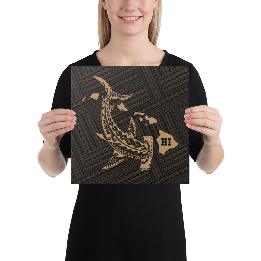 Hawaiian Map Hammerhead Shark Polynesian Canvas Gold 12x12 Canvas Gold - Polynesian Pride