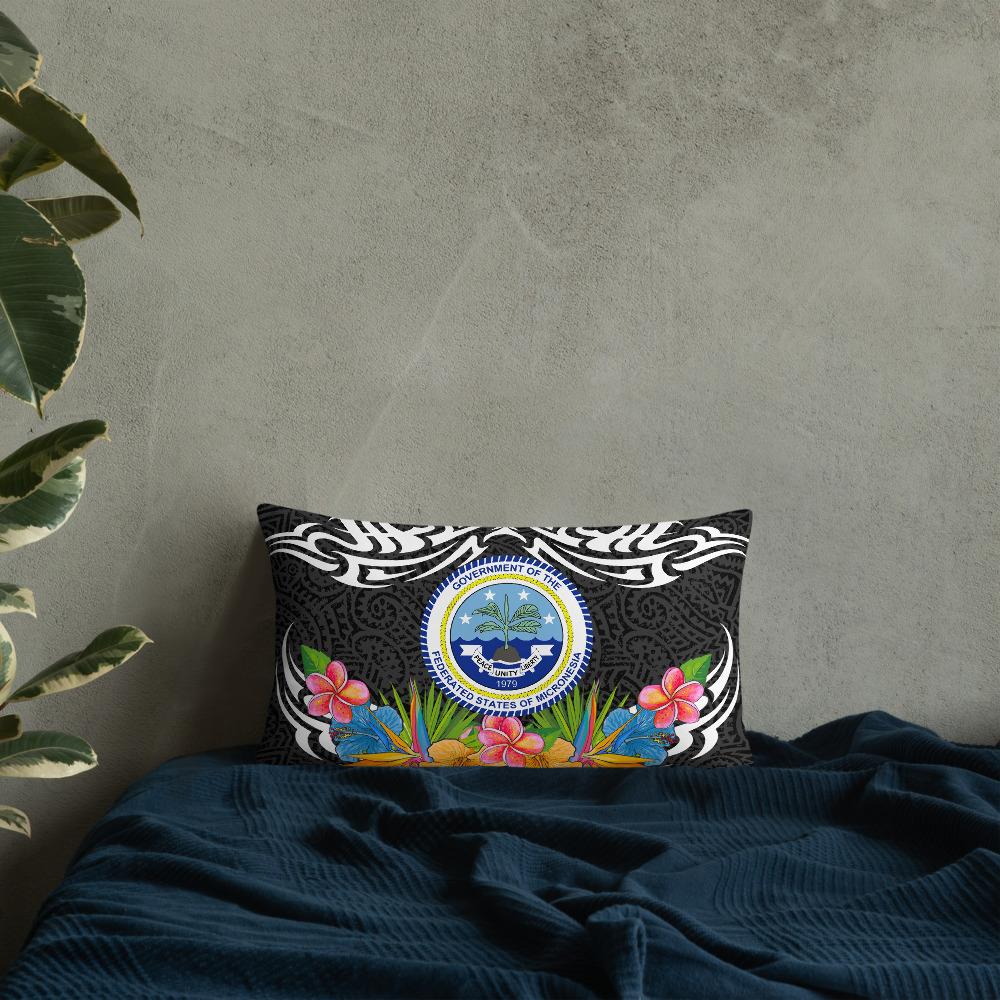 Federated States of Micronesia Pillow - Coat Of Arms With Tropical Flowers 20×12 Black Pillow - Polynesian Pride