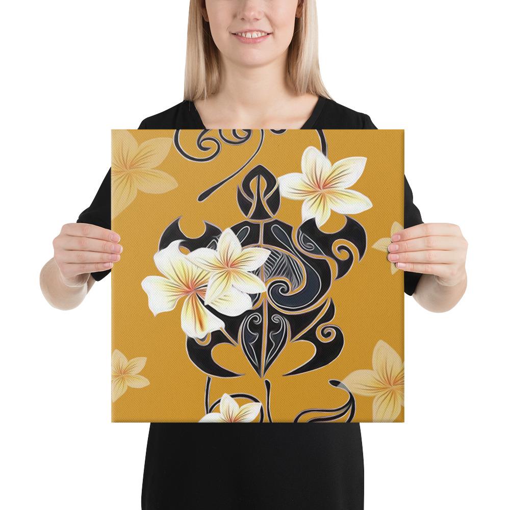 Turtle Poly Tribal Plumeria Yellow Canvas 16x16 Canvas Yellow - Polynesian Pride
