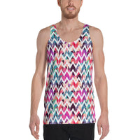 Palm Foliage On Striped Zigzag Hawaii Men's Tank Top AH White - Polynesian Pride