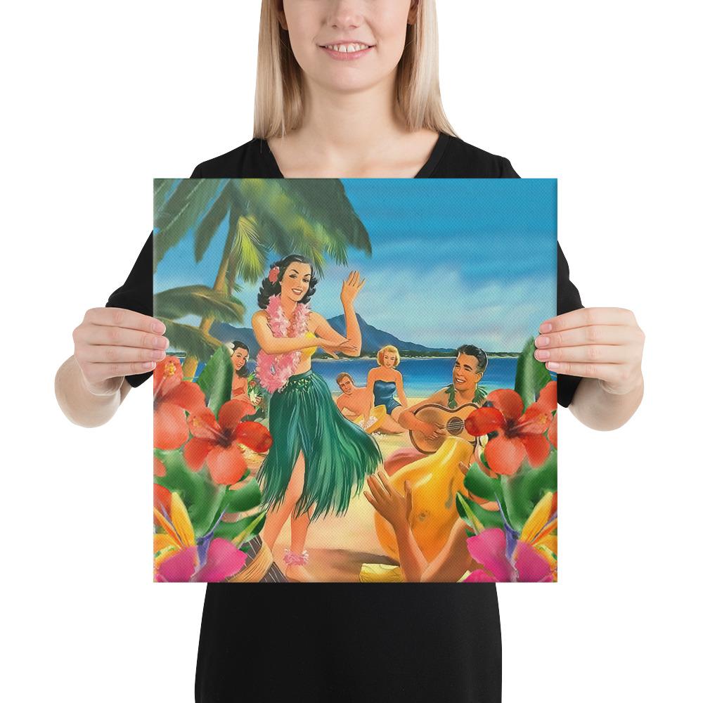Hula Dance On Beach Canvas 16x16 Canvas White - Polynesian Pride