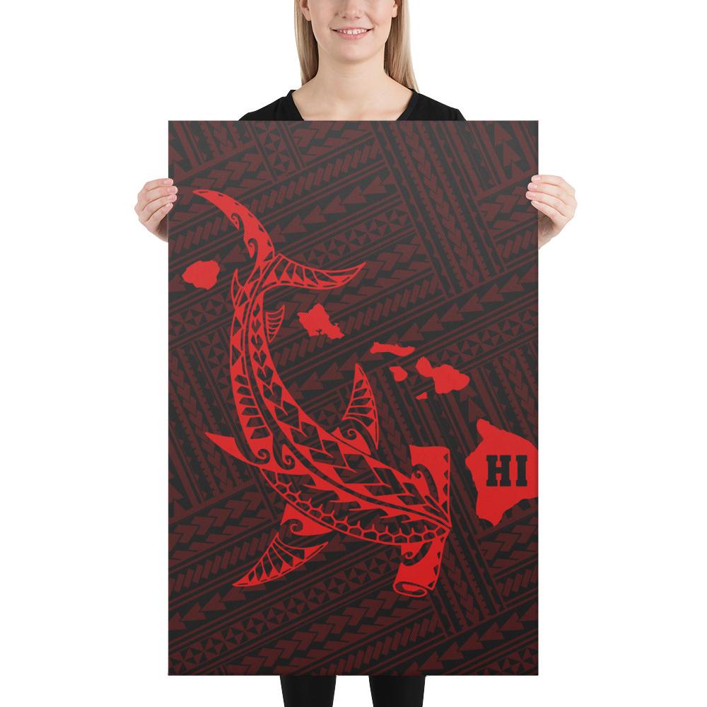 Hawaiian Map Hammerhead Shark Polynesian Canvas Red 24x36 Canvas Red - Polynesian Pride