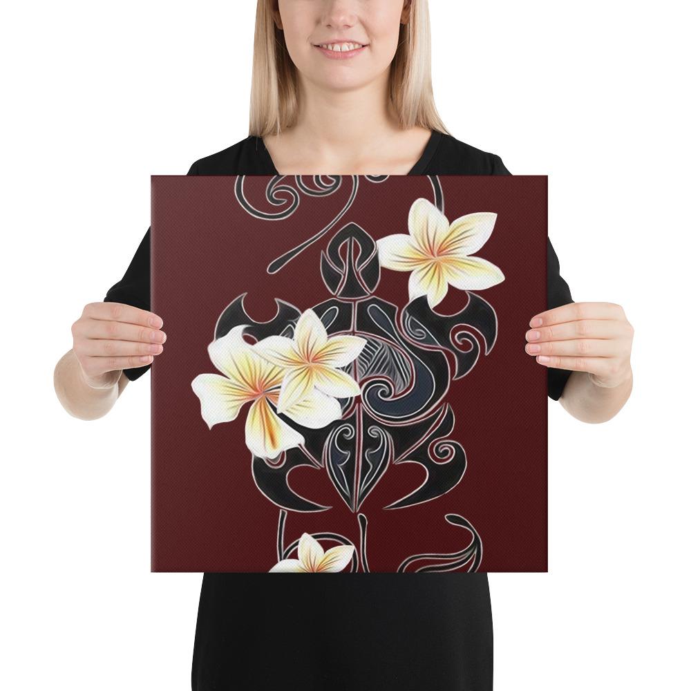 Turtle Polynesian Trinal Plumeria Red Canvas 16x16 Canvas Red - Polynesian Pride