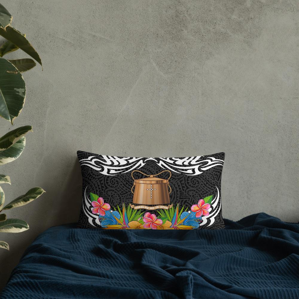 Tokelau Pillow - Coat Of Arms With Tropical Flowers 20×12 Black Pillow - Polynesian Pride