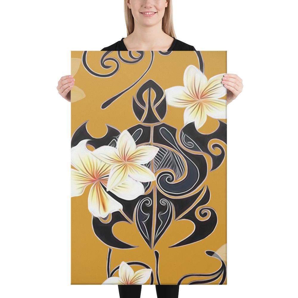 Turtle Poly Tribal Plumeria Yellow Canvas 24x36 Canvas Yellow - Polynesian Pride