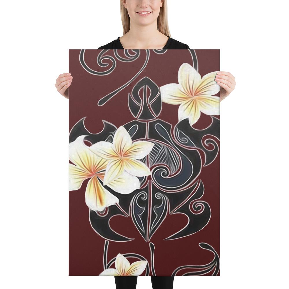 Turtle Polynesian Trinal Plumeria Red Canvas 24x36 Canvas Red - Polynesian Pride