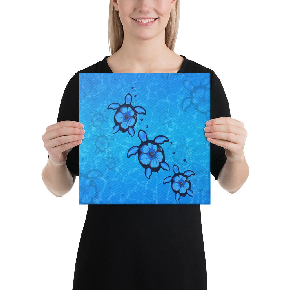 Turtle Hibiscus Swim In Sea Canvas 12x12 Canvas White - Polynesian Pride