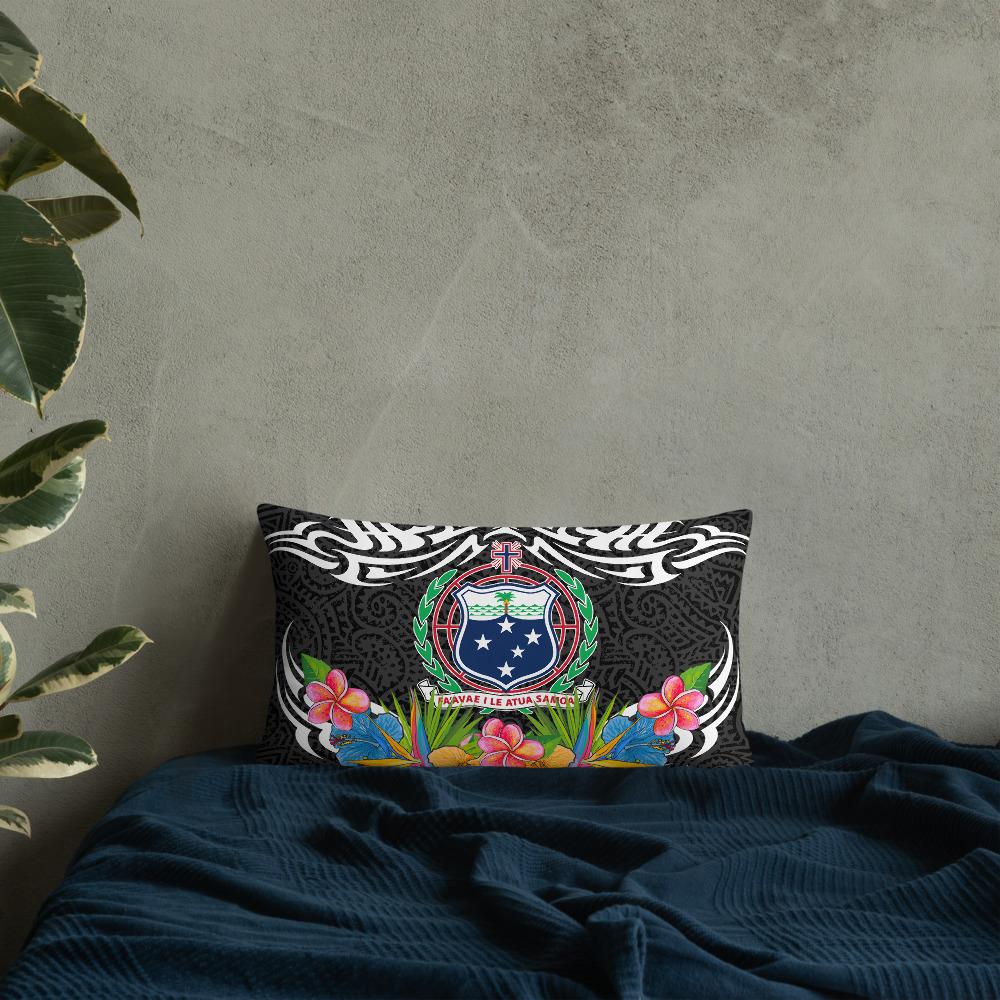 Samoa Pillow - Coat Of Arms With Tropical Flowers 20×12 Black Pillow - Polynesian Pride