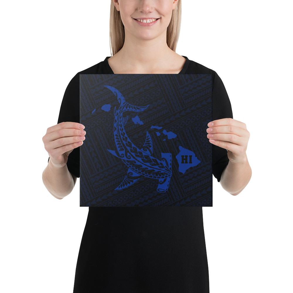 Hawaiian Map Hammerhead Shark Polynesian Canvas Blue 12x12 Canvas Blue - Polynesian Pride