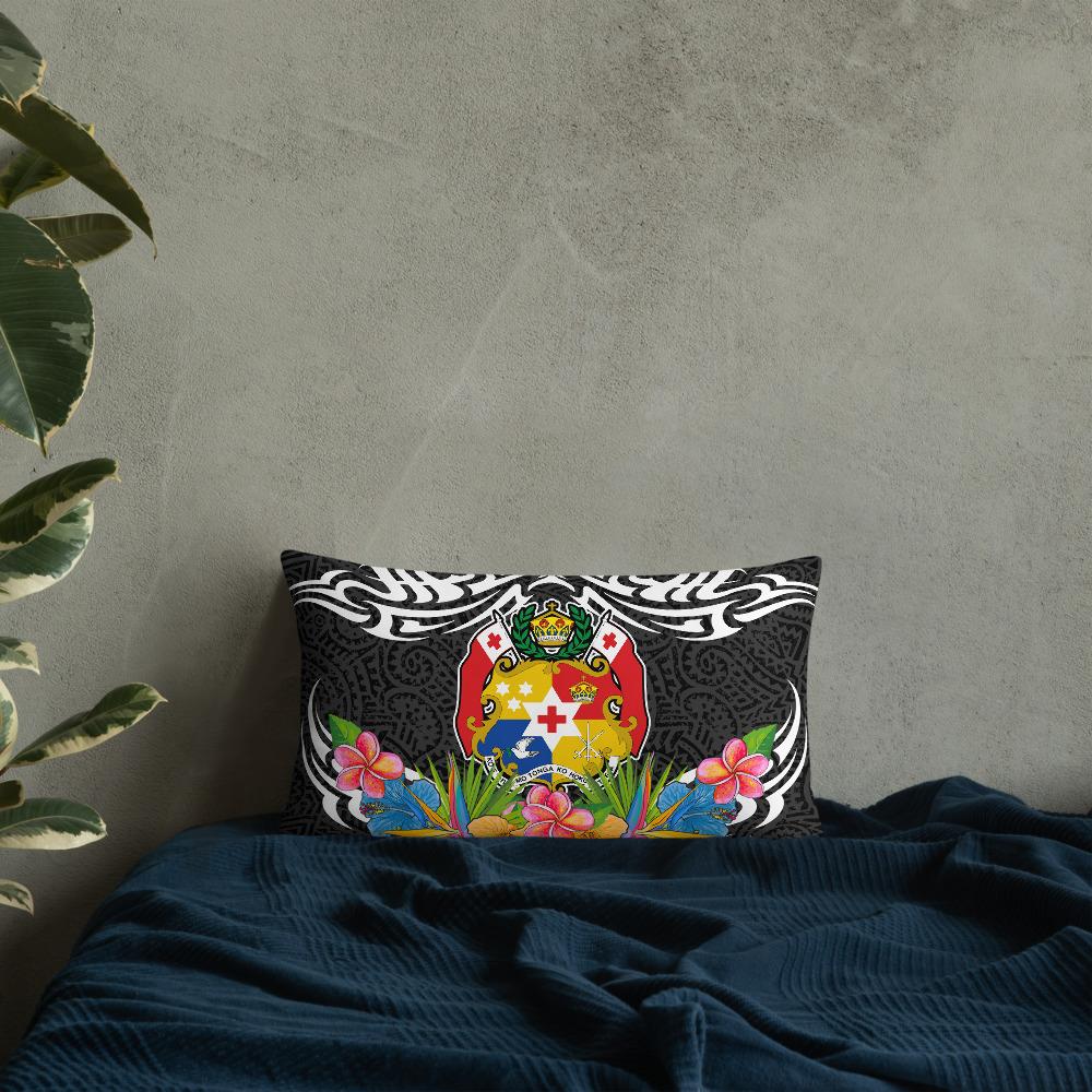 Tonga Pillow - Coat Of Arms With Tropical Flowers 20×12 Black Pillow - Polynesian Pride