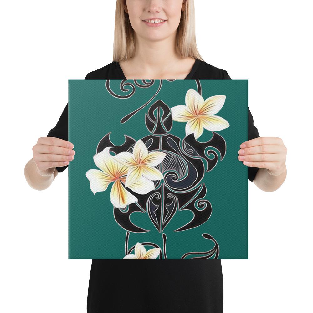 Turtle Poly Trinal Plumeria Turquoise Canvas 16x16 Canvas Turquoise - Polynesian Pride