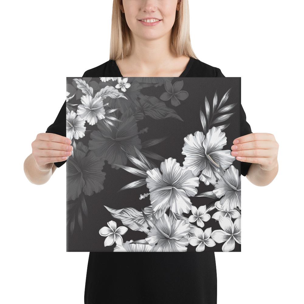 Hibiscus And Plumeria B&W Canvas 16x16 Canvas White - Polynesian Pride