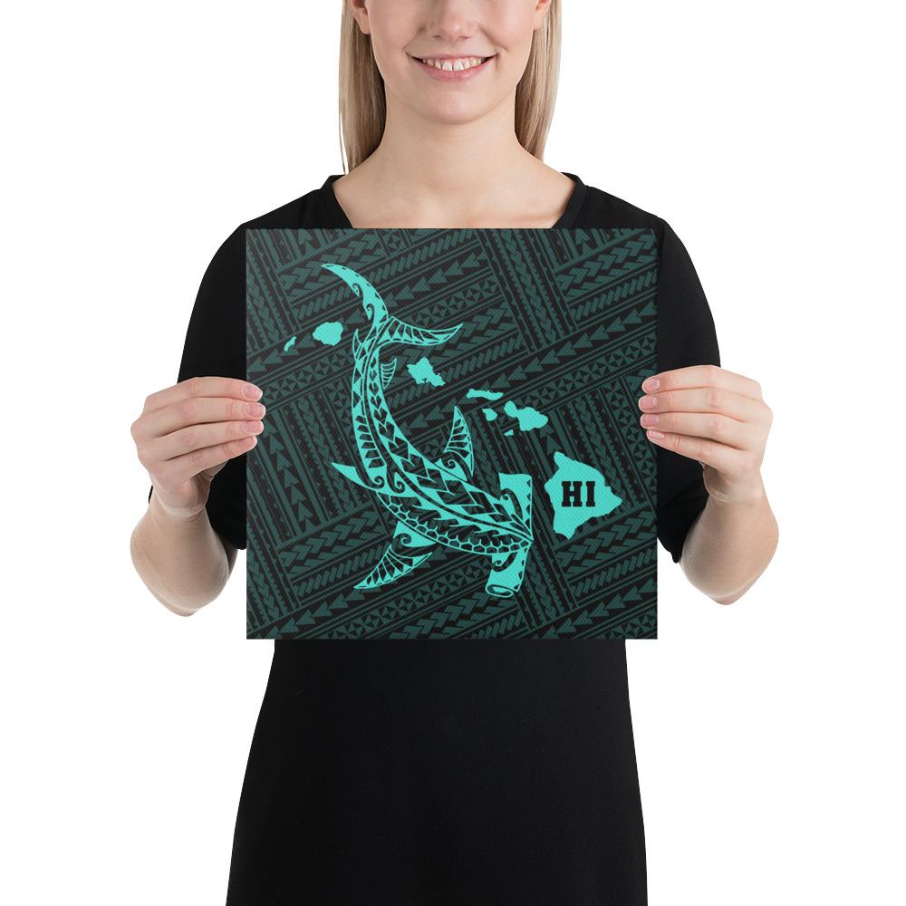 Hawaiian Map Hammerhead Shark Polynesian Canvas Turquoise 12x12 Canvas Turquoise - Polynesian Pride