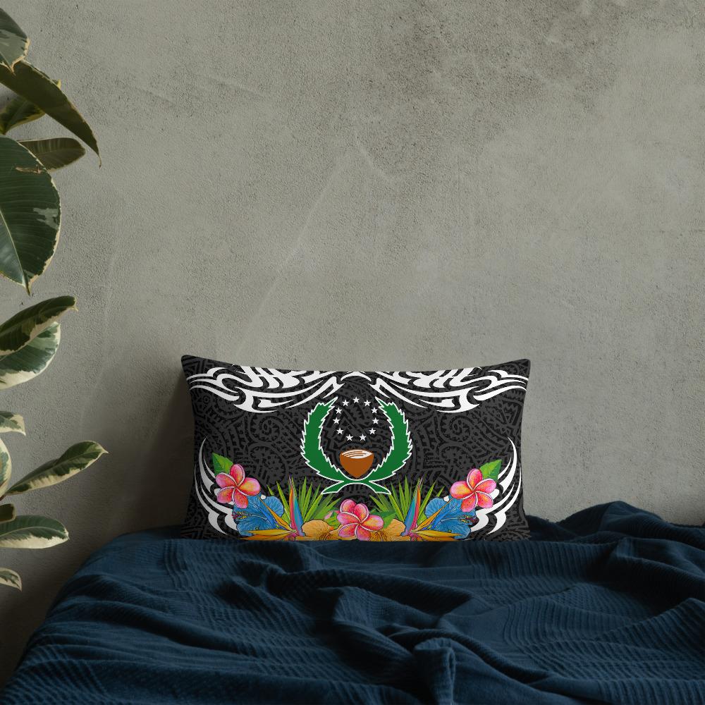 Pohnpei State Pillow - Coat Of Arms With Tropical Flowers 20×12 Black Pillow - Polynesian Pride