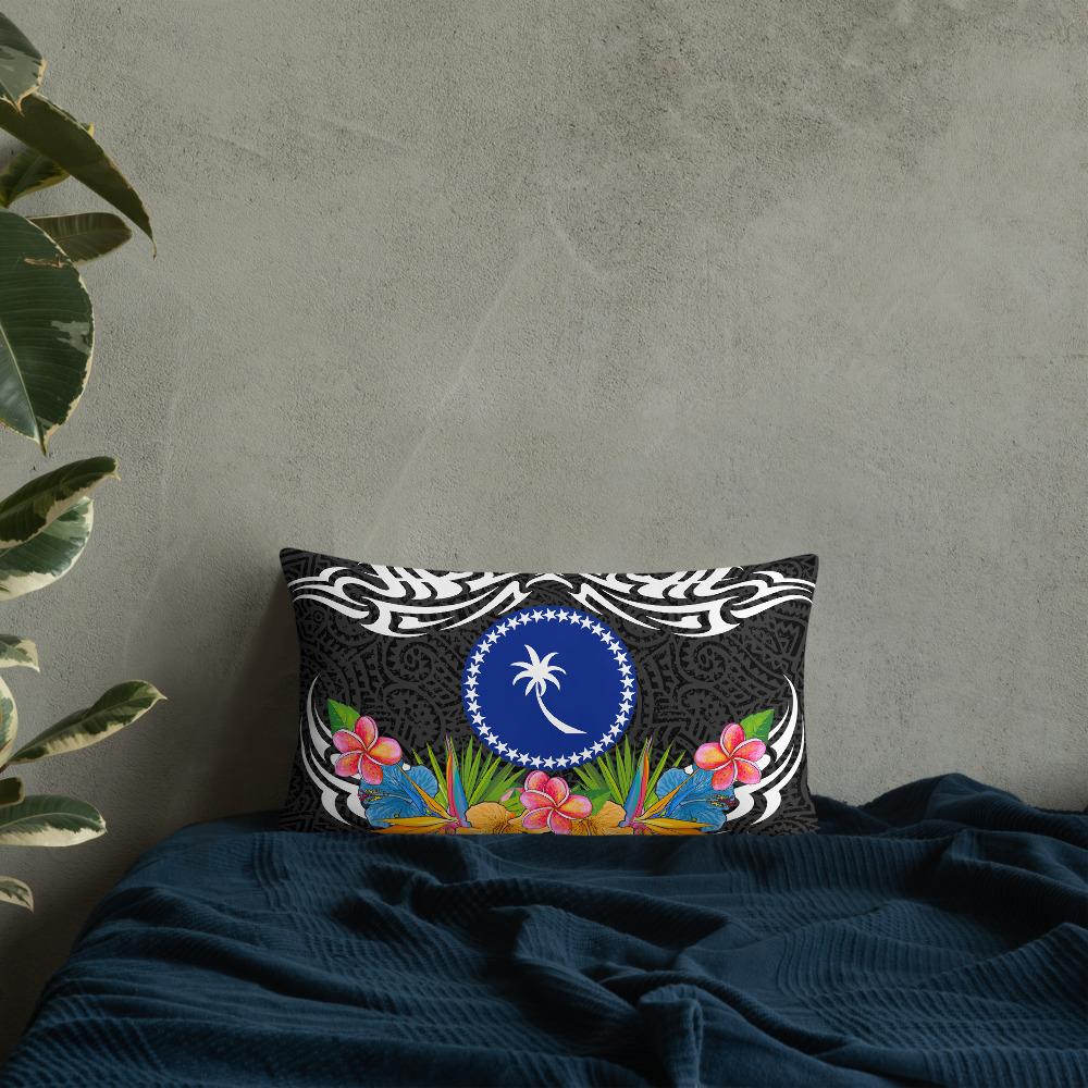 Chuuk State Pillow - Coat Of Arms With Tropical Flowers 20×12 Black Pillow - Polynesian Pride