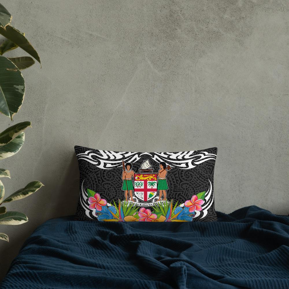 Fiji Pillow - Coat Of Arms With Tropical Flowers 20×12 Black Pillow - Polynesian Pride