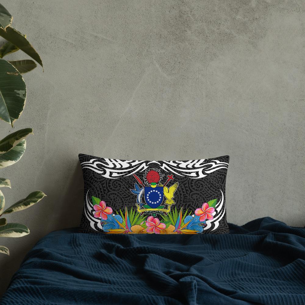 Cook Islands - Coat Of Arms With Tropical Flowers 20×12 Black Pillow - Polynesian Pride