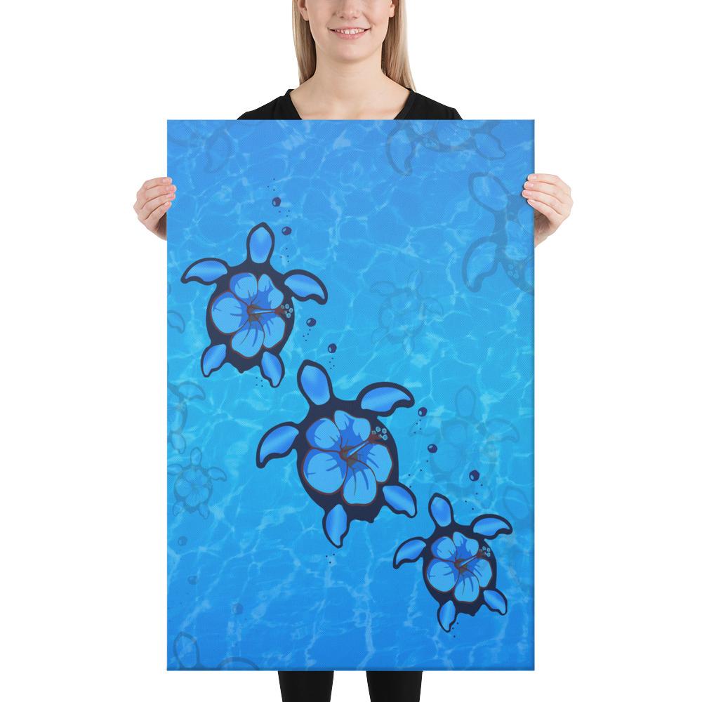 Turtle Hibiscus Swim In Sea Canvas 24x36 Canvas White - Polynesian Pride