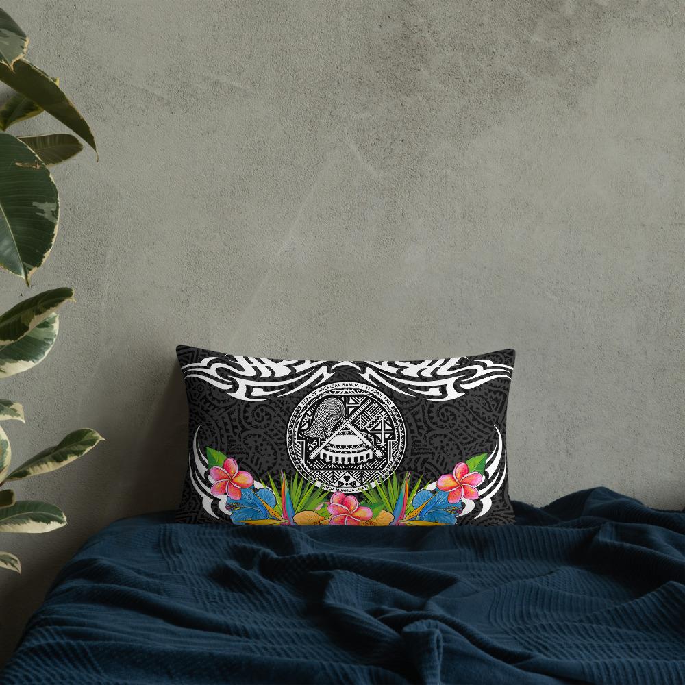 American Samoa Pillow - Coat Of Arms With Tropical Flowers 20×12 Black Pillow - Polynesian Pride