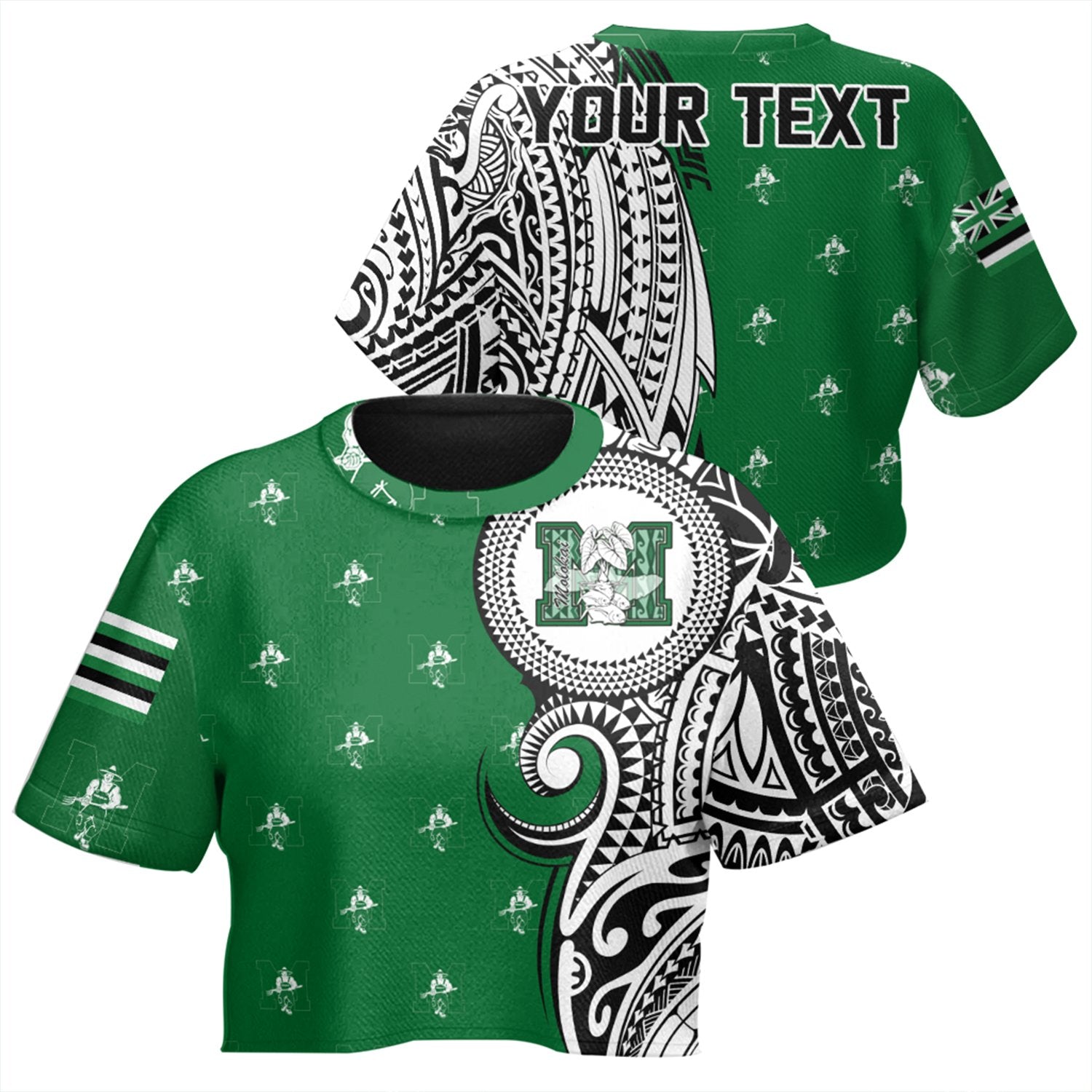(Personalised) Hawaii - Molokai High Tribal Kakau All - over Print Crop Top T-shirt AH Female Green - Polynesian Pride
