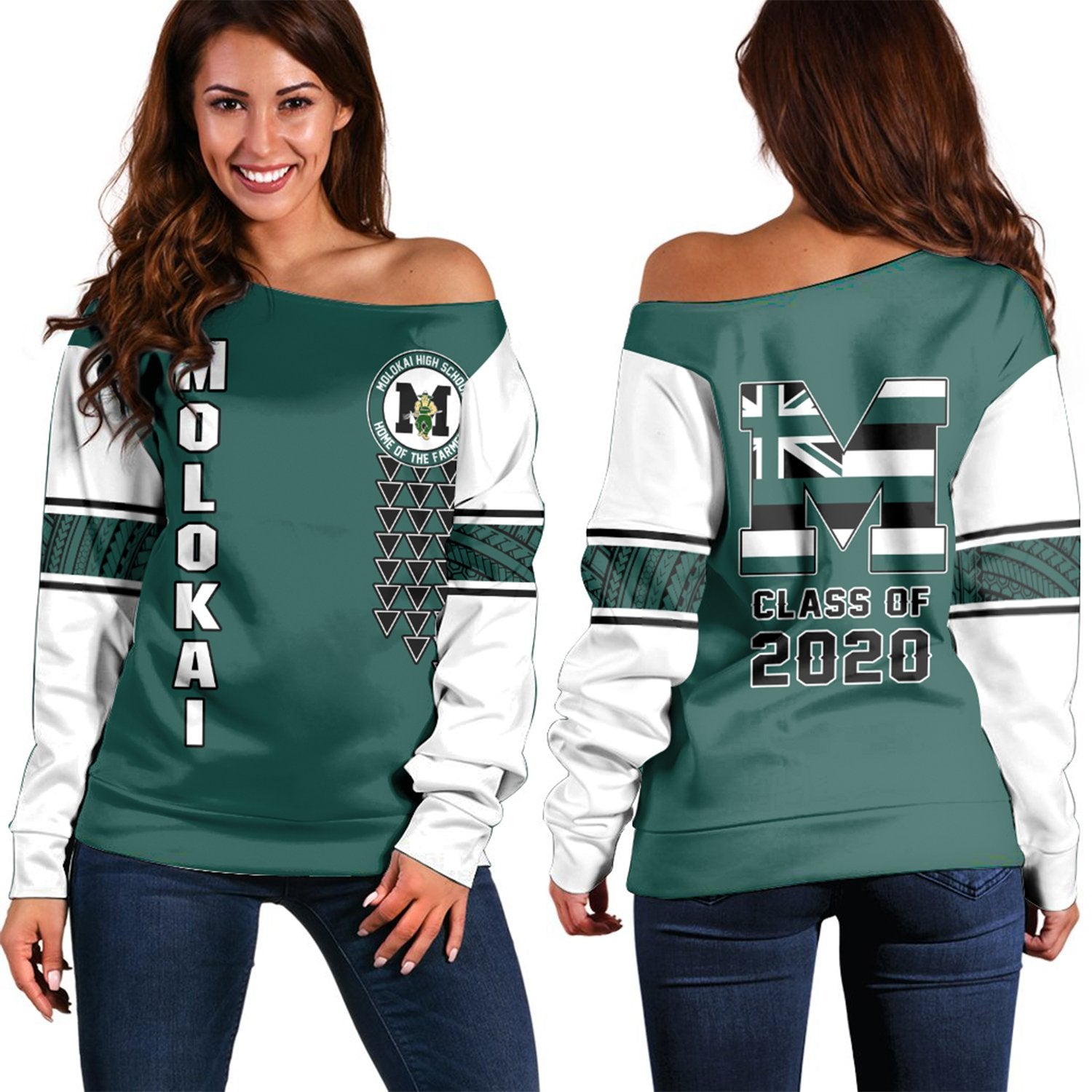 (Personalised) Hawaii - Molokai High Custom Your Class Women's Off Shoulder Sweatshirt AH Green - Polynesian Pride