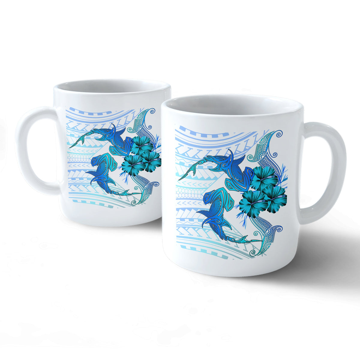 (Personalized) Hawaii Couple Shark Hibiscus Polynesian Mug - Blue - Mina Style - AH Mug 11oz White - Polynesian Pride