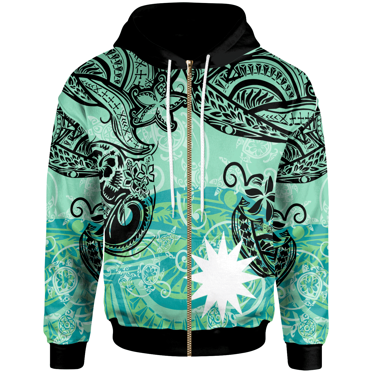 Nauru Zip Hoodie Vintage Floral Pattern Green Color Unisex Green - Polynesian Pride