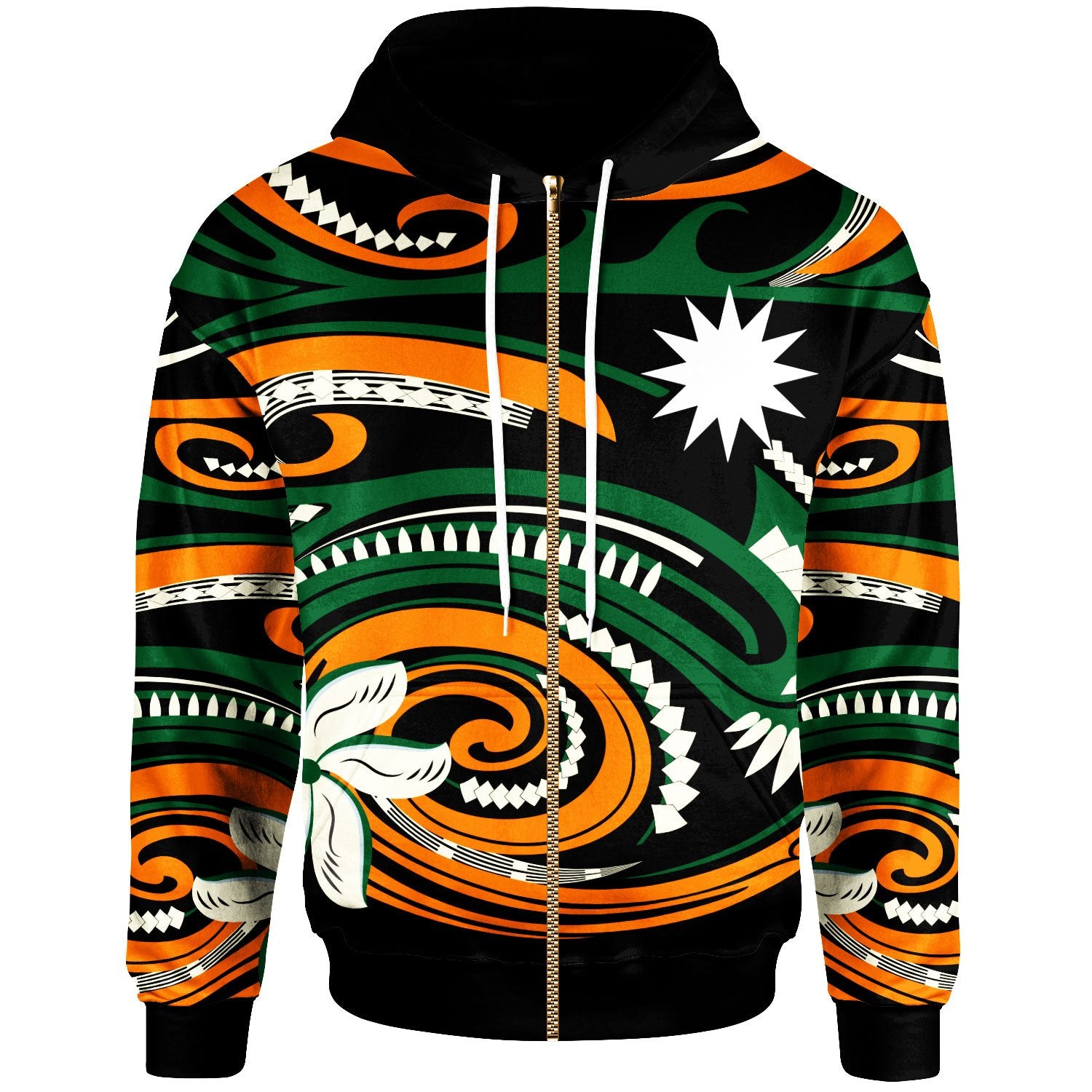 Nauru Zip Hoodie Vortex Style Unisex Green Orange - Polynesian Pride
