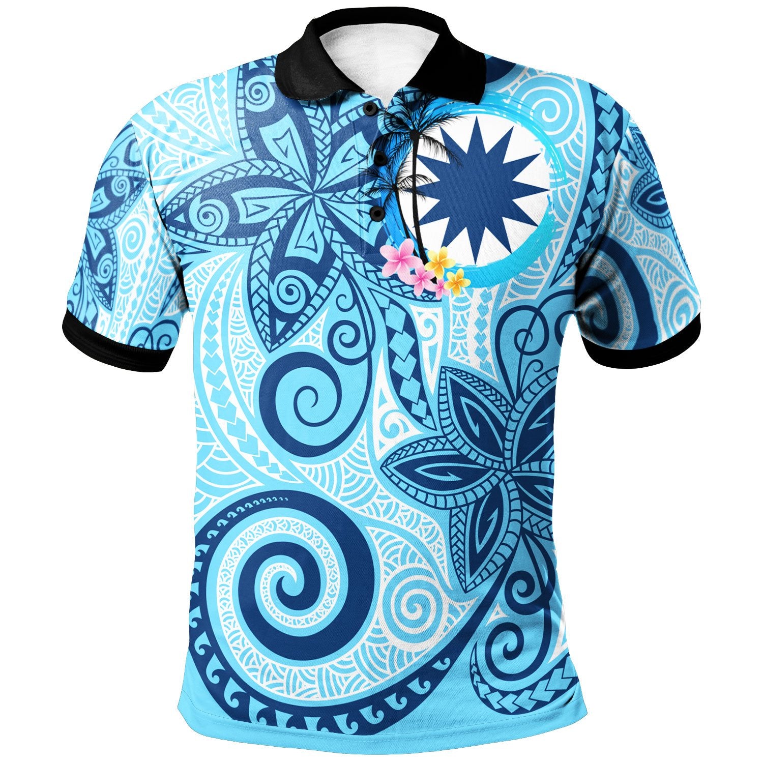 Nauru Polo Shirt Tribal Plumeria Pattern Unisex Blue - Polynesian Pride