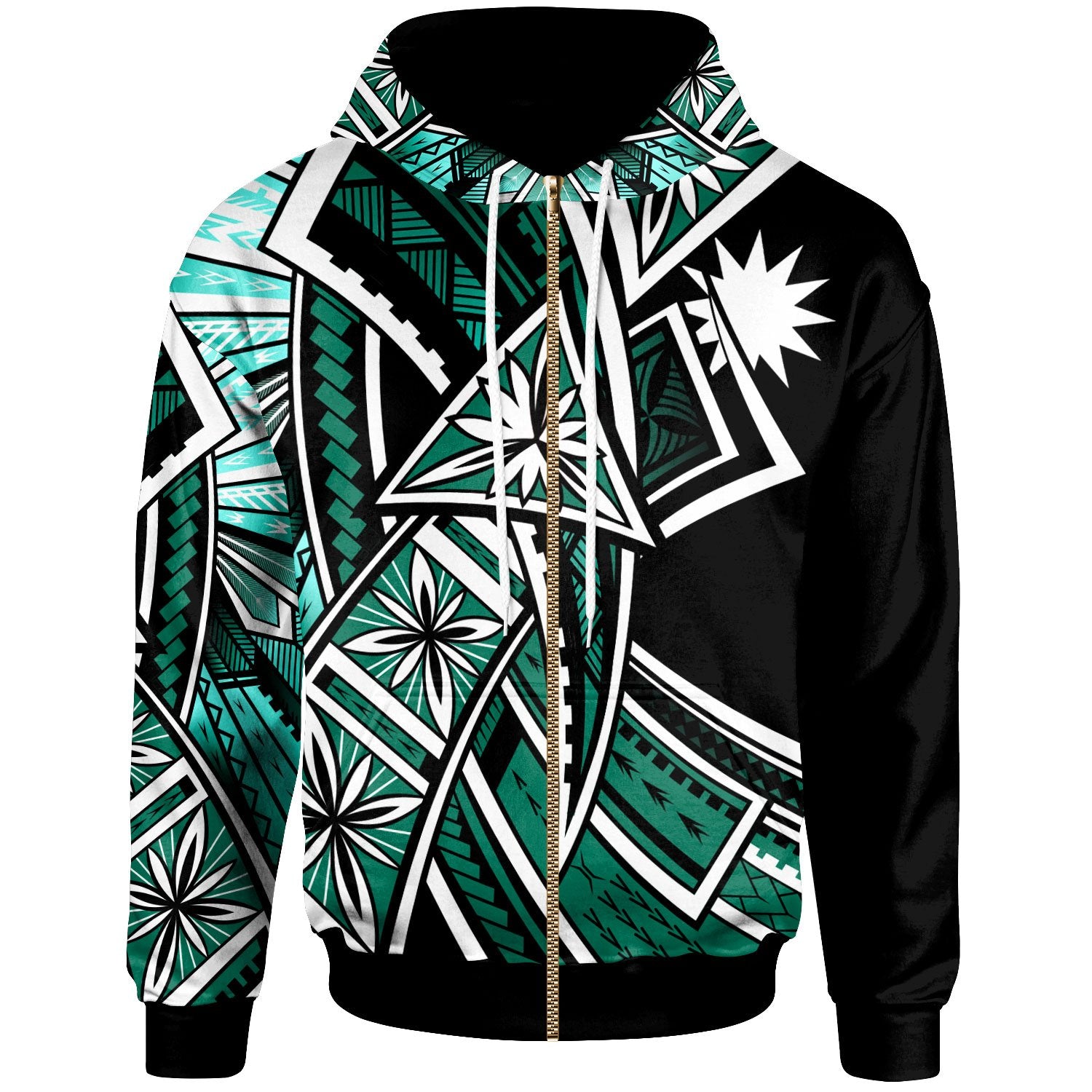 Nauru Zip Hoodie Tribal Flower Special Pattern Green Color Unisex Green - Polynesian Pride