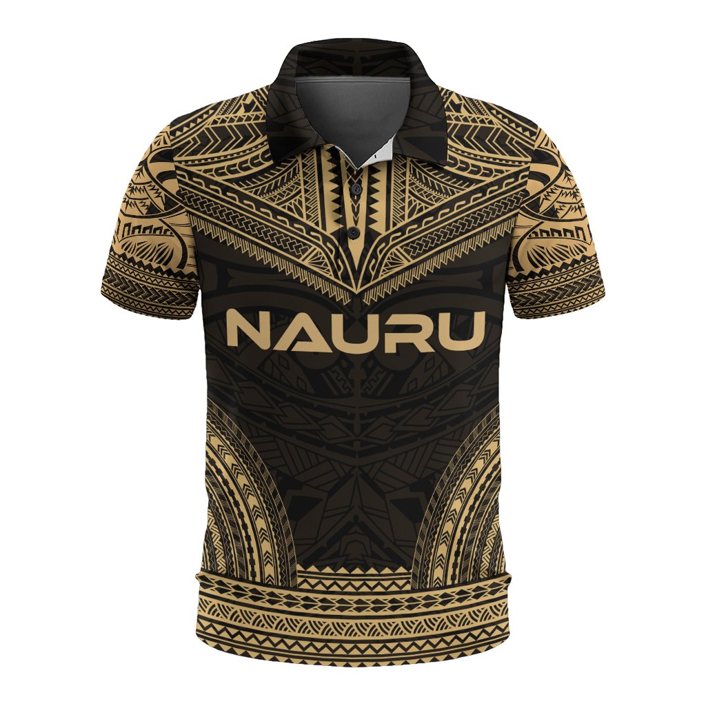 Nauru Polo Shirt Coat Of Arms Polynesian Chief Tattoo Gold Version Unisex Gold - Polynesian Pride