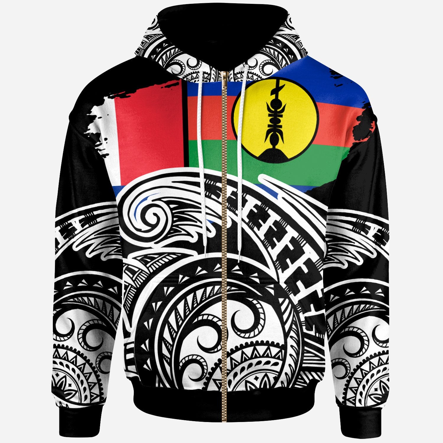 New Caledonia Custom Zip Hoodie Ethnic Style With Round Black White Pattern Unisex Black - Polynesian Pride