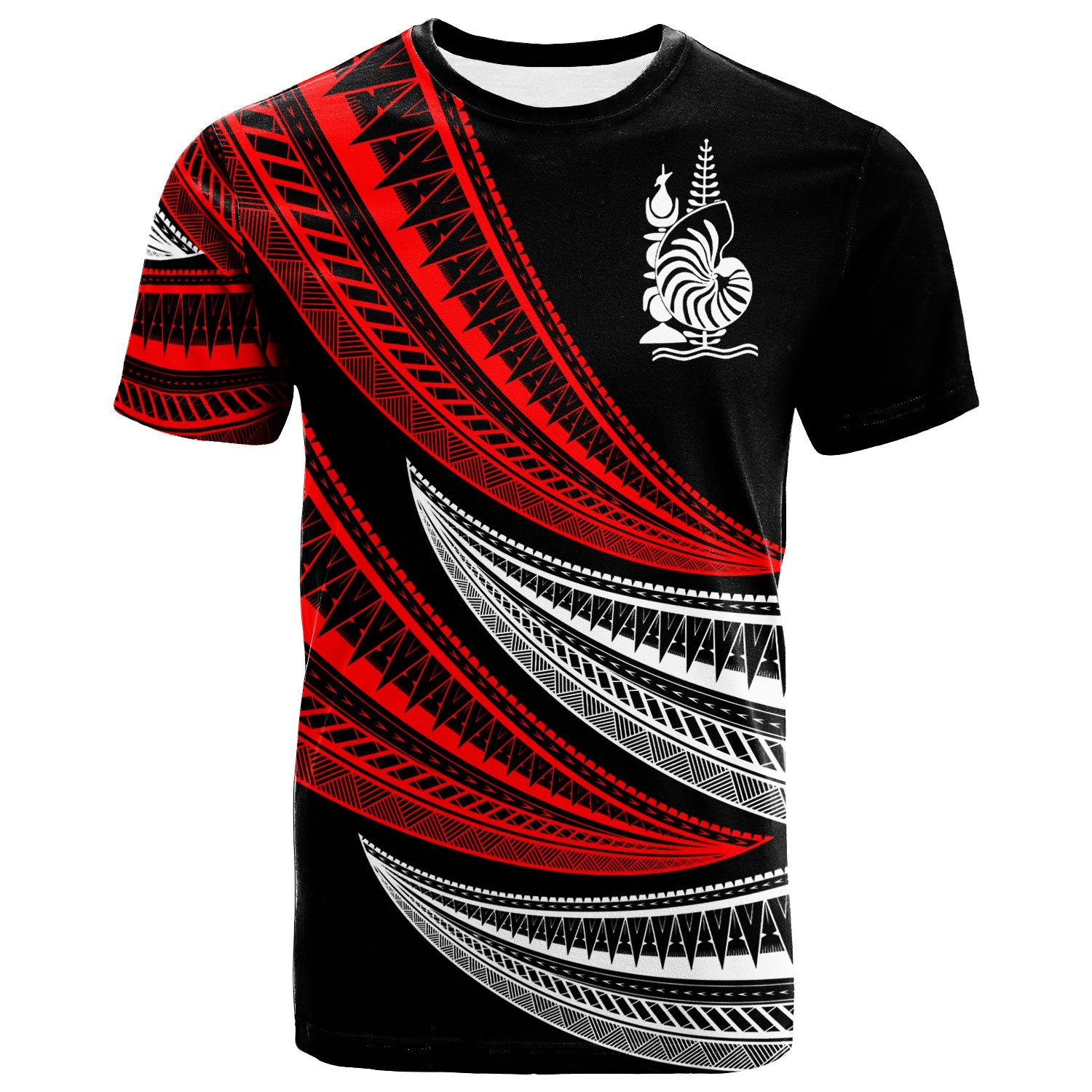 New Caledonia Custom T Shirt Wave Pattern Alternating Red Color Unisex Black - Polynesian Pride