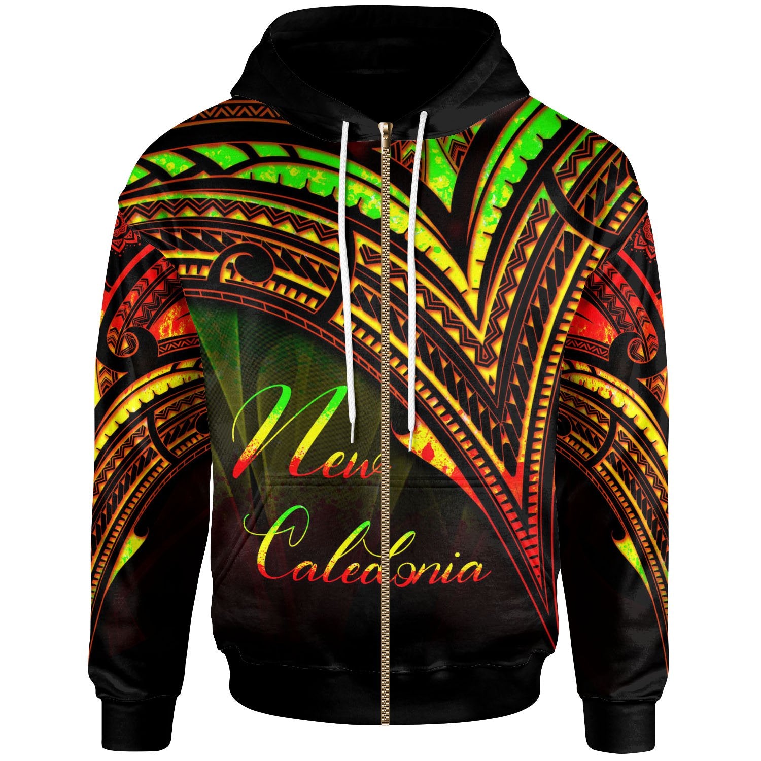 New Caledonia Zip Hoodie Reggae Color Cross Style Unisex Black - Polynesian Pride