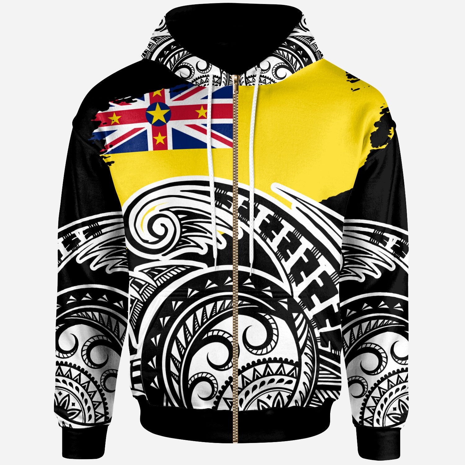 Niue Custom Zip Hoodie Ethnic Style With Round Black White Pattern Unisex Black - Polynesian Pride